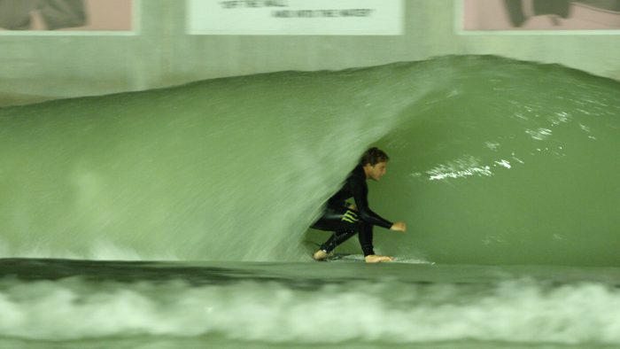 Parker Coffin in the barrel at the BSR Surf Resort in Waco, TX.